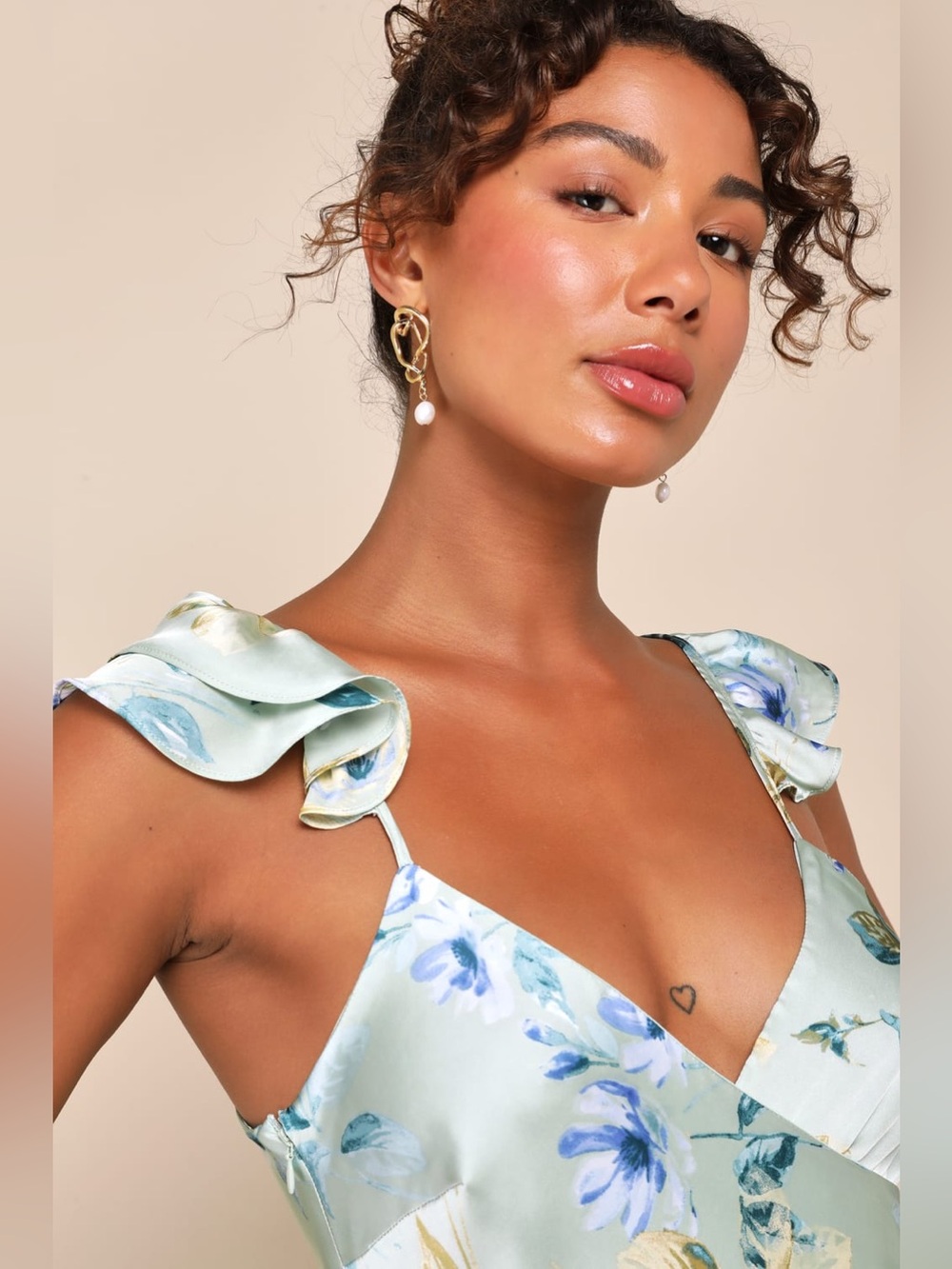LULU’S Captivating Grace Sage Green Floral Satin Ruffled Maxi Dress - Picture 2 of 6